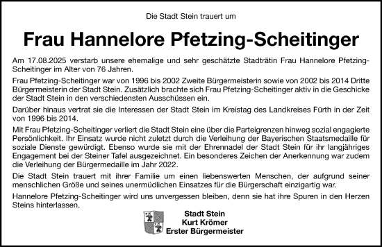 Traueranzeige von Hannelore Pfetzing-Scheitinger von Gesamtausgabe Nürnberger Nachrichten/ Nürnberger Ztg.