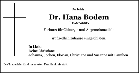 Traueranzeige von Hans Bodem von Gesamtausgabe Nürnberger Nachrichten/ Nürnberger Ztg.