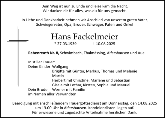 Traueranzeige von Hans Fackelmeier von Roth-Hilpoltsteiner Volkszeitung Lokal