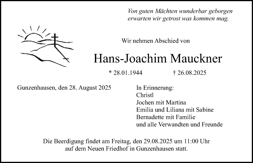  Traueranzeige für Hans-Joachim Mauckner vom 28.08.2025 aus Altmühl-Bote Lokal