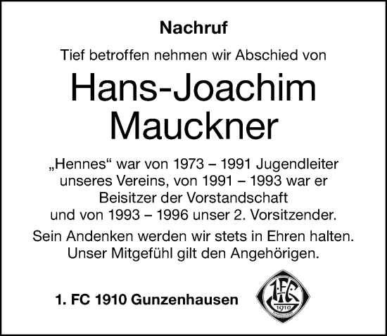 Traueranzeige von Hans-Joachim Mauckner   von Altmühl-Bote Lokal