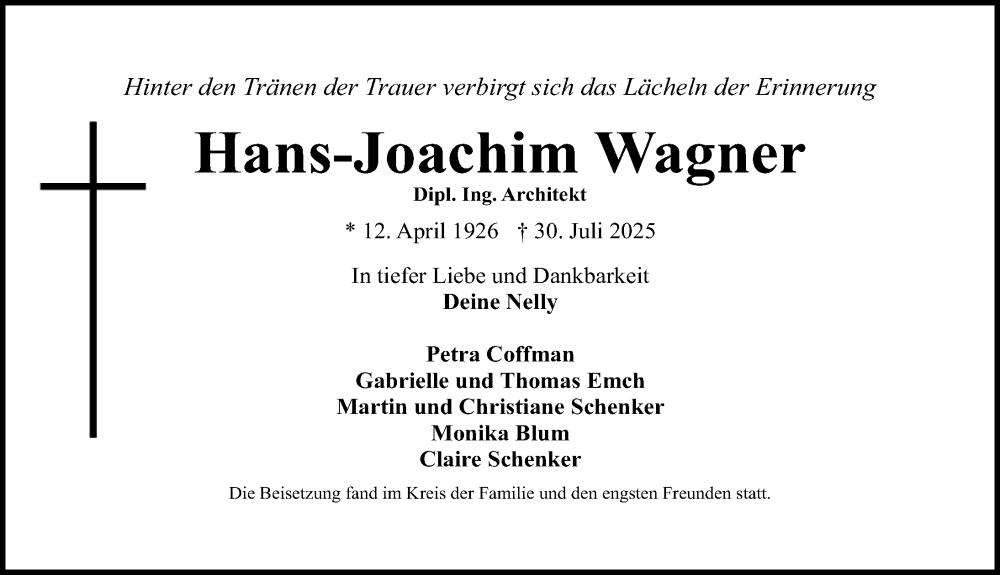  Traueranzeige für Hans-Joachim Wagner vom 30.08.2025 aus Gesamtausgabe Nürnberger Nachrichten/ Nürnberger Ztg.