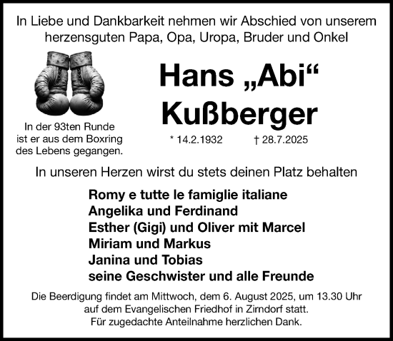 Traueranzeige von Hans Kußberger von Fürther Nachrichten Lokal