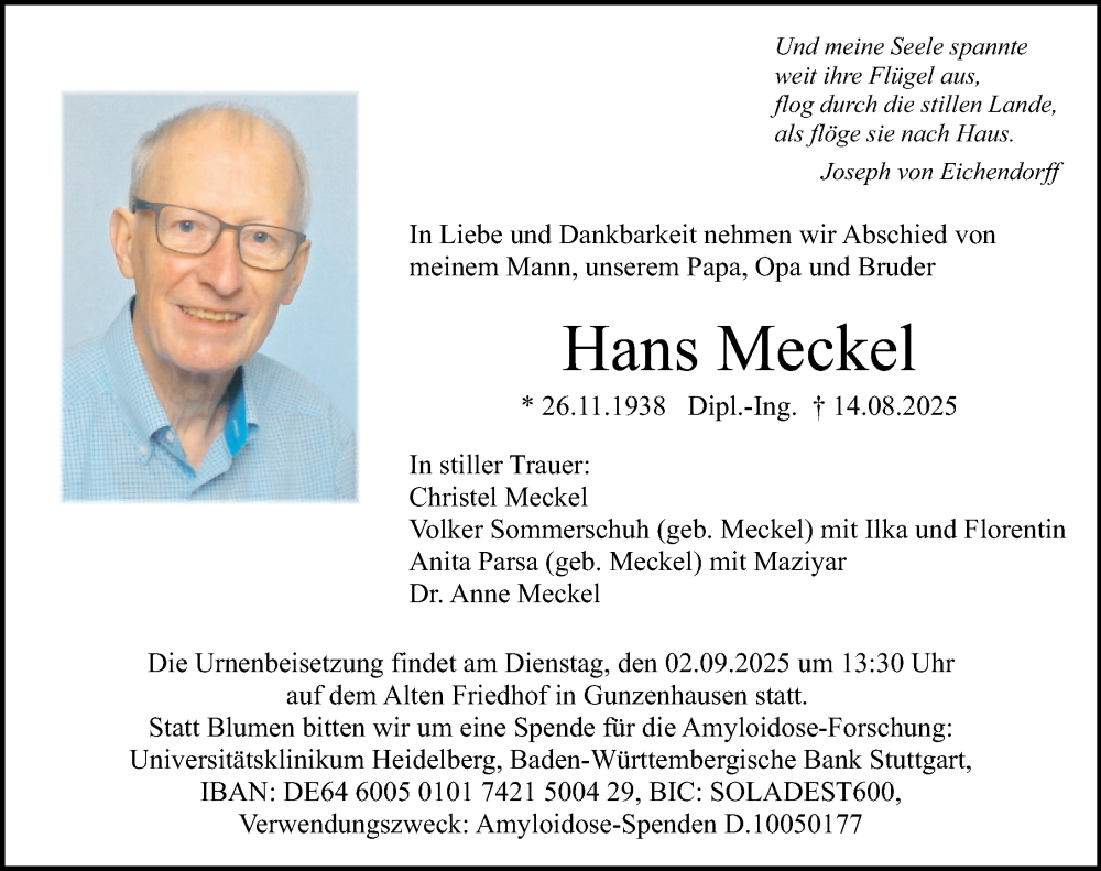 Traueranzeige für Hans Meckel vom 28.08.2025 aus Altmühl-Bote Lokal