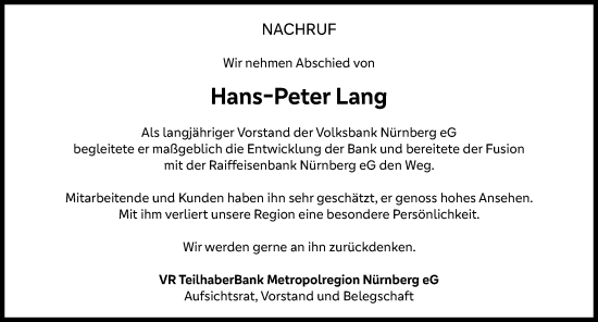 Traueranzeige von Hans-Peter Lang von Gesamtausgabe Nürnberger Nachrichten/ Nürnberger Ztg.