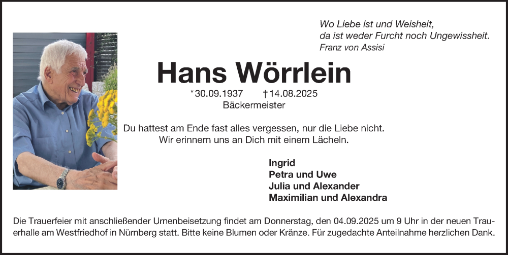  Traueranzeige für Hans Wörrlein vom 30.08.2025 aus Gesamtausgabe Nürnberger Nachrichten/ Nürnberger Ztg.