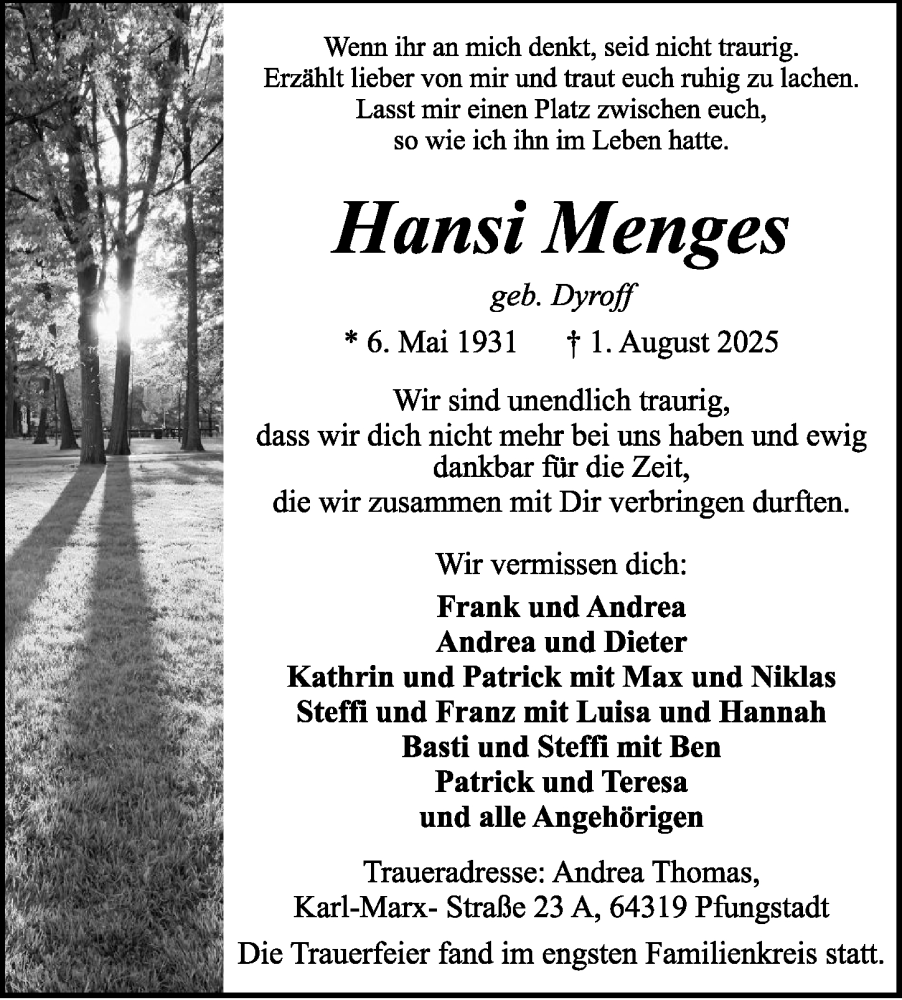  Traueranzeige für Hansi Menges vom 09.08.2025 aus Gesamtausgabe Nürnberger Nachrichten/ Nürnberger Ztg.