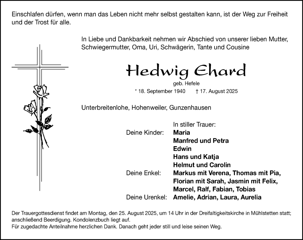  Traueranzeige für Hedwig Ehard vom 22.08.2025 aus Roth-Hilpoltsteiner Volkszeitung Lokal
