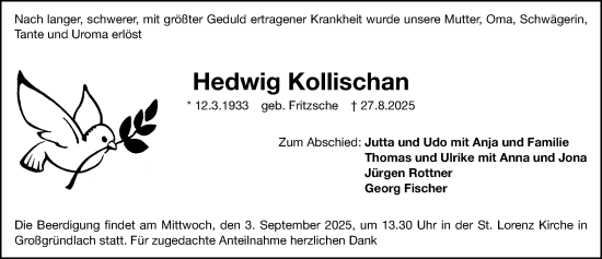 Traueranzeige von Hedwig Kollischan von Fürther Nachrichten Lokal