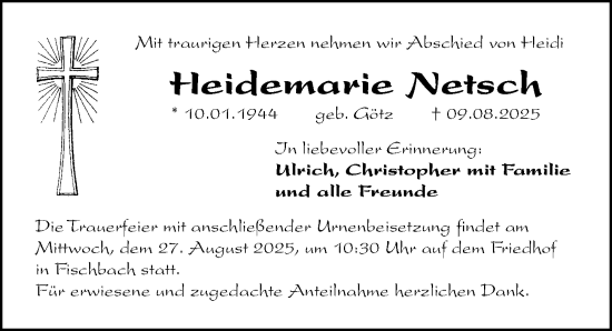 Traueranzeige von Heidemarie Netsch von Gesamtausgabe Nürnberger Nachrichten/ Nürnberger Ztg.