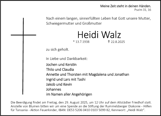 Traueranzeige von Heidi Walz von Erlanger Nachrichten Lokal