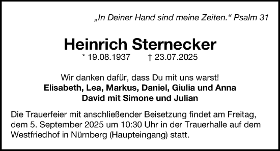Traueranzeige von Heinrich Sternecker von Gesamtausgabe Nürnberger Nachrichten/ Nürnberger Ztg.