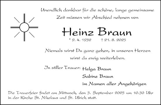 Traueranzeige von Heinz Braun von Gesamtausgabe Nürnberger Nachrichten/ Nürnberger Ztg.