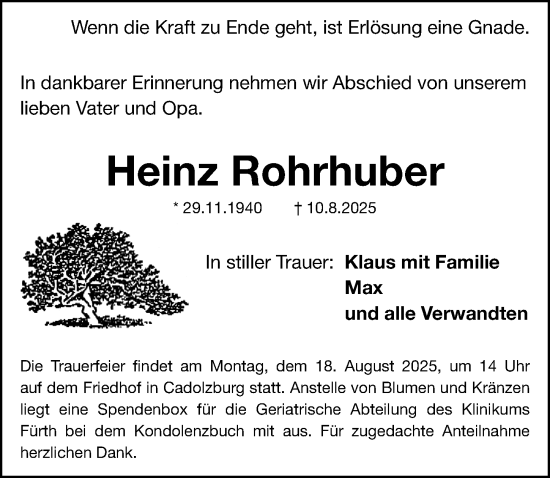 Traueranzeige von Heinz Rohrhuber von Fürther Nachrichten Lokal