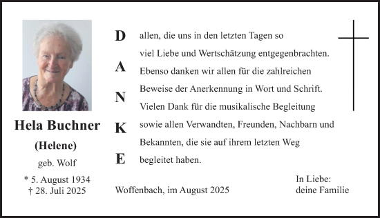 Traueranzeige von Helene Buchner von Neumarkter Nachrichten Lokal