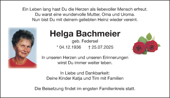 Traueranzeige von Helga Bachmeier von Gesamtausgabe Nürnberger Nachrichten/ Nürnberger Ztg.