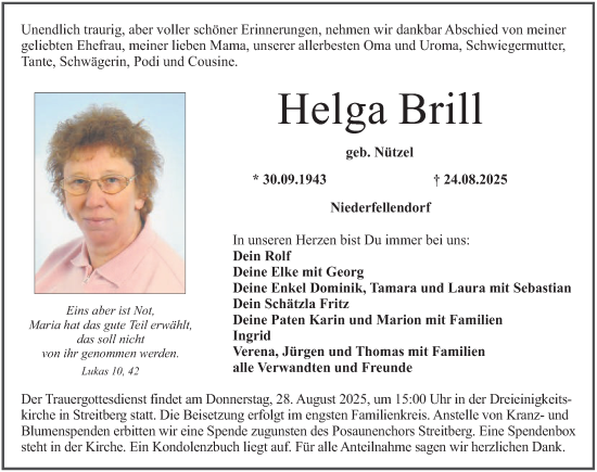 Traueranzeige von Helga Brill von Nordbayerische Nachrichten Forchheim Lokal