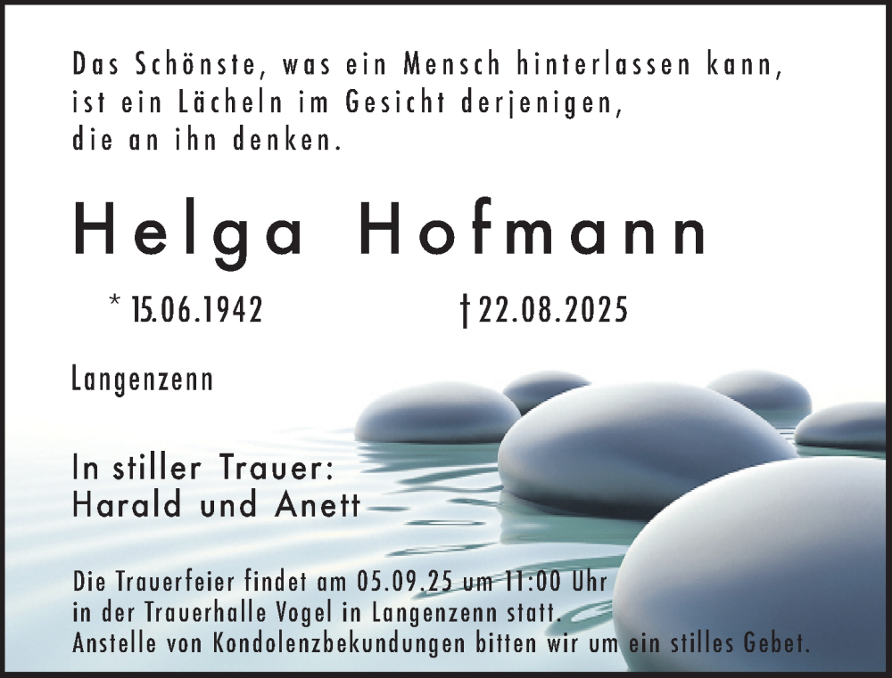  Traueranzeige für Helga Hofmann vom 30.08.2025 aus Fürther Nachrichten Lokal