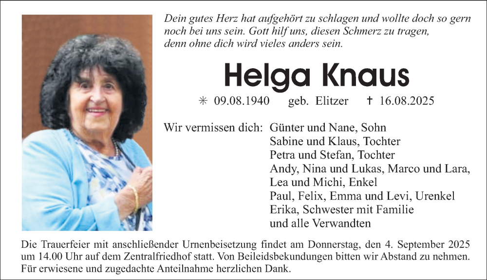  Traueranzeige für Helga Knaus vom 30.08.2025 aus Erlanger Nachrichten Lokal