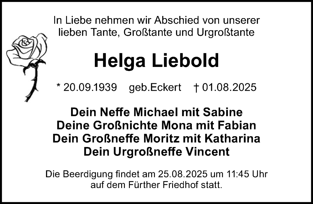  Traueranzeige für Helga Liebold vom 23.08.2025 aus Gesamtausgabe Nürnberger Nachrichten/ Nürnberger Ztg.