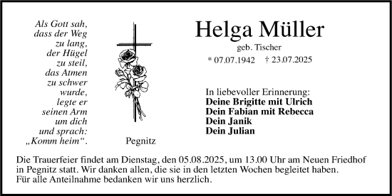 Traueranzeige von Helga Müller von Nordbayerische Nachrichten Pegnitz Lokal