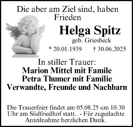 Traueranzeige von Helga Spitz von Gesamtausgabe Nürnberger Nachrichten/ Nürnberger Ztg.