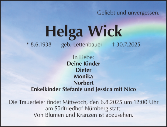 Traueranzeige von Helga Wick von Gesamtausgabe Nürnberger Nachrichten/ Nürnberger Ztg.