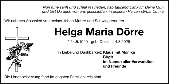 Traueranzeige von Helga Maria Dörre von Gesamtausgabe Nürnberger Nachrichten/ Nürnberger Ztg.
