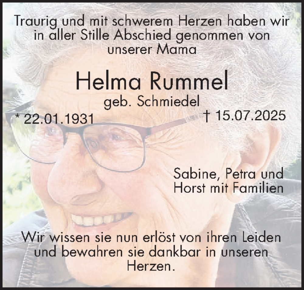  Traueranzeige für Helma Rummel vom 13.08.2025 aus Gesamtausgabe Nürnberger Nachrichten/ Nürnberger Ztg.