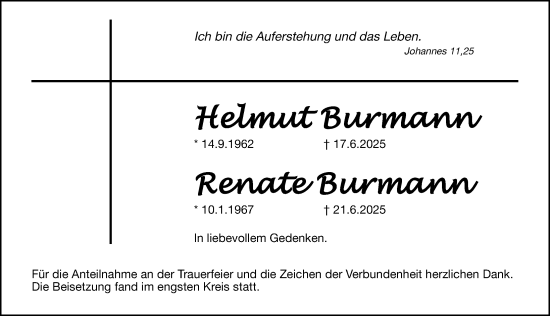 Traueranzeige von Helmut Burmann von Altmühl-Bote Lokal