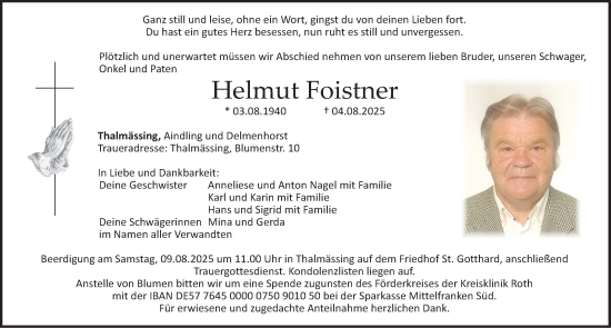 Traueranzeige von Helmut Foistner von Roth-Hilpoltsteiner Volkszeitung Lokal