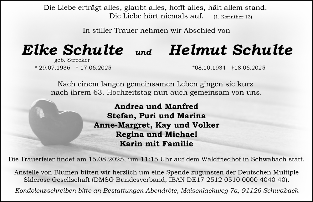  Traueranzeige für Helmut Schulte vom 09.08.2025 aus Schwabacher Tagblatt Lokal