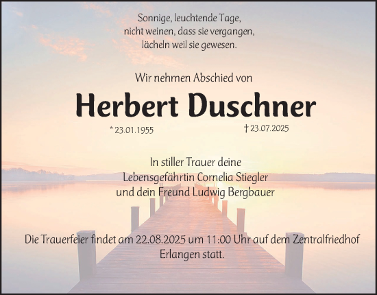 Traueranzeige von Herbert Duschner von Erlanger Nachrichten Lokal