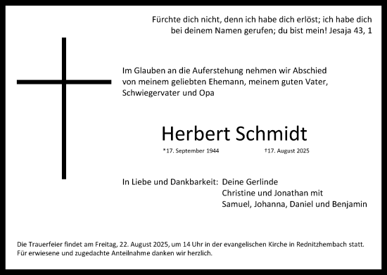 Traueranzeige von Herbert Schmidt von Schwabacher Tagblatt Lokal