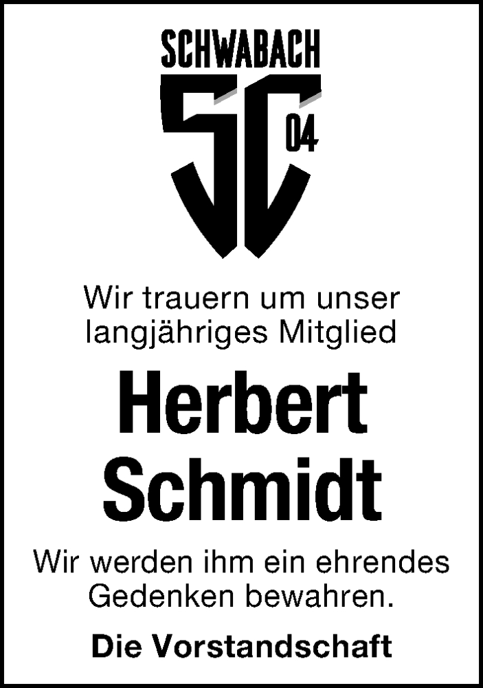  Traueranzeige für Herbert Schmidt vom 26.08.2025 aus Schwabacher Tagblatt Lokal