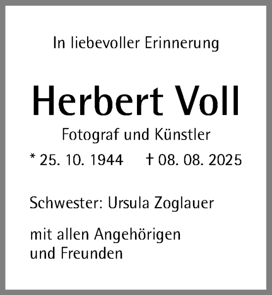 Traueranzeige von Herbert Voll von Gesamtausgabe Nürnberger Nachrichten/ Nürnberger Ztg.