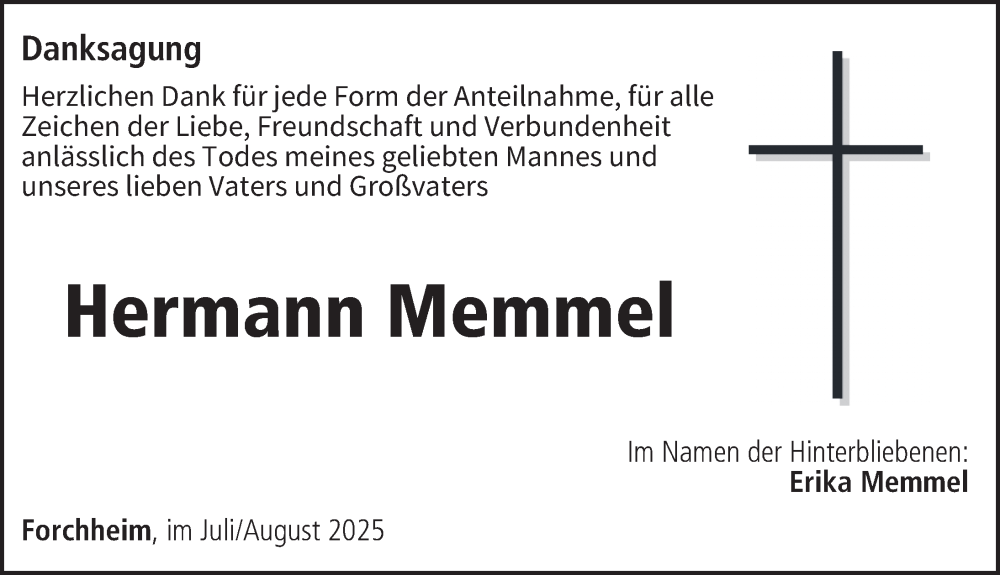  Traueranzeige für Hermann Memmel vom 02.08.2025 aus Nordbayerische Nachrichten Forchheim Lokal