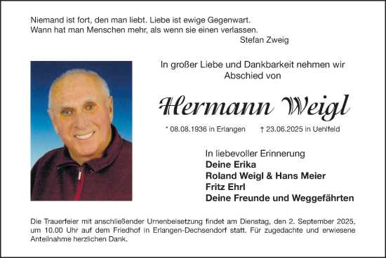 Traueranzeige von Hermann Weigl von Erlanger Nachrichten Lokal
