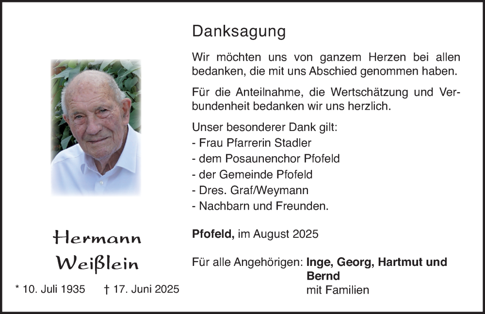  Traueranzeige für Hermann Weißlein vom 16.08.2025 aus Altmühl-Bote Lokal