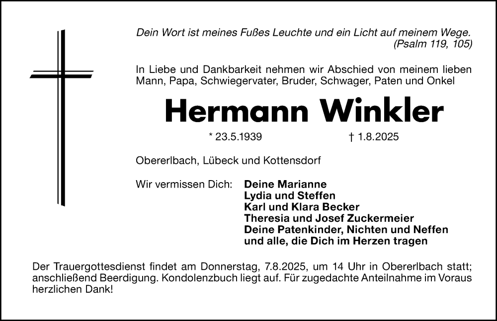  Traueranzeige für Hermann Winkler vom 05.08.2025 aus Altmühl-Bote Lokal