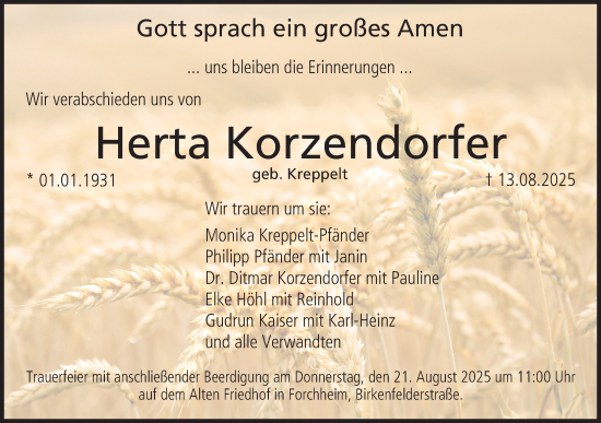 Traueranzeige von Herta Korzendorfer von Nordbayerische Nachrichten Forchheim Lokal