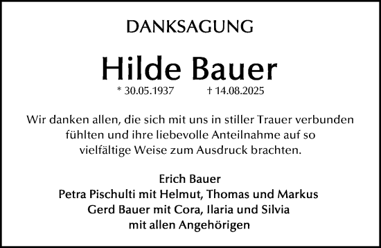 Traueranzeige von Hilde Bauer von Gesamtausgabe Nürnberger Nachrichten/ Nürnberger Ztg.