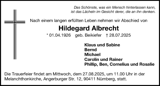 Traueranzeige von Hildegard Albrecht von Gesamtausgabe Nürnberger Nachrichten/ Nürnberger Ztg.