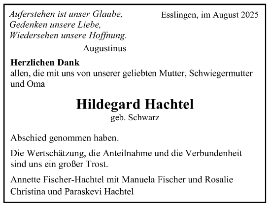 Traueranzeige von Hildegard Hachtel von Nordbayerische Nachrichten Pegnitz Lokal