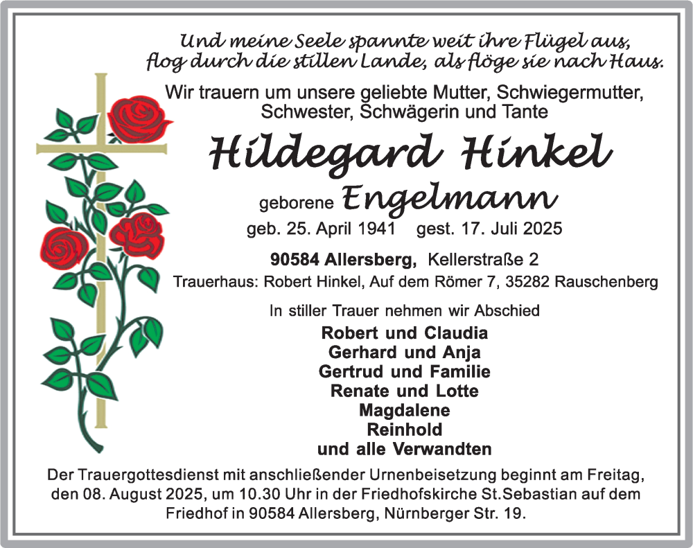  Traueranzeige für Hildegard Hinkel vom 02.08.2025 aus Roth-Hilpoltsteiner Volkszeitung Lokal
