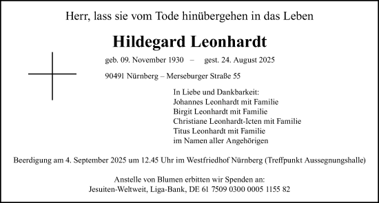 Traueranzeige von Hildegard Leonhardt von Gesamtausgabe Nürnberger Nachrichten/ Nürnberger Ztg.