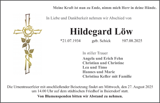 Traueranzeige von Hildegard Löw von Erlanger Nachrichten Lokal