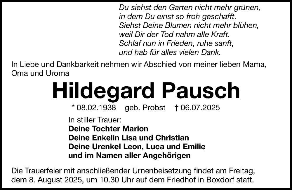 Traueranzeige für Hildegard Pausch vom 02.08.2025 aus Gesamtausgabe Nürnberger Nachrichten/ Nürnberger Ztg.