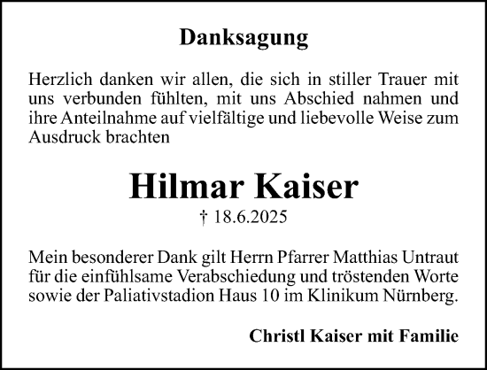 Traueranzeige von Hilmar Kaiser von Gesamtausgabe Nürnberger Nachrichten/ Nürnberger Ztg.