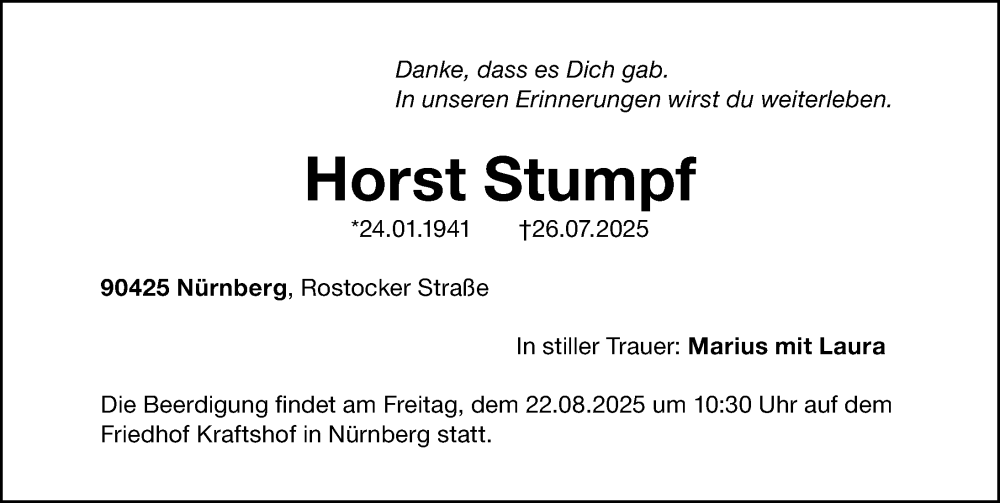  Traueranzeige für Horst Stumpf vom 19.08.2025 aus Gesamtausgabe Nürnberger Nachrichten/ Nürnberger Ztg.